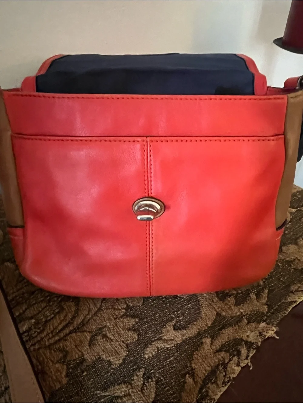 Vintage Coach Colorblock Navy and Coral Crossbody with Tan Sides